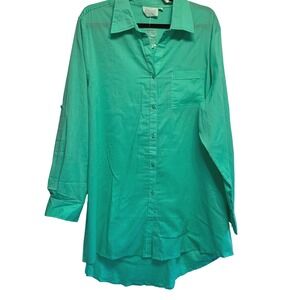 NEW True Destinations Button Down Shirt XL Green Coastal Classic Cotton High Low